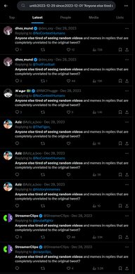 Screenshots of Twitter users repeatedly saying 'Anyone else tired of seeing random videos and memes in replies that are completely unrelated to the original tweet?'