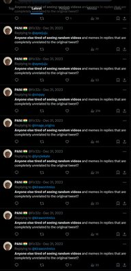 Screenshots of Twitter users repeatedly saying 'Anyone else tired of seeing random videos and memes in replies that are completely unrelated to the original tweet?'