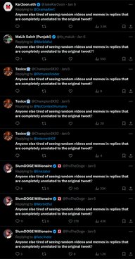 Screenshots of Twitter users repeatedly saying 'Anyone else tired of seeing random videos and memes in replies that are completely unrelated to the original tweet?'