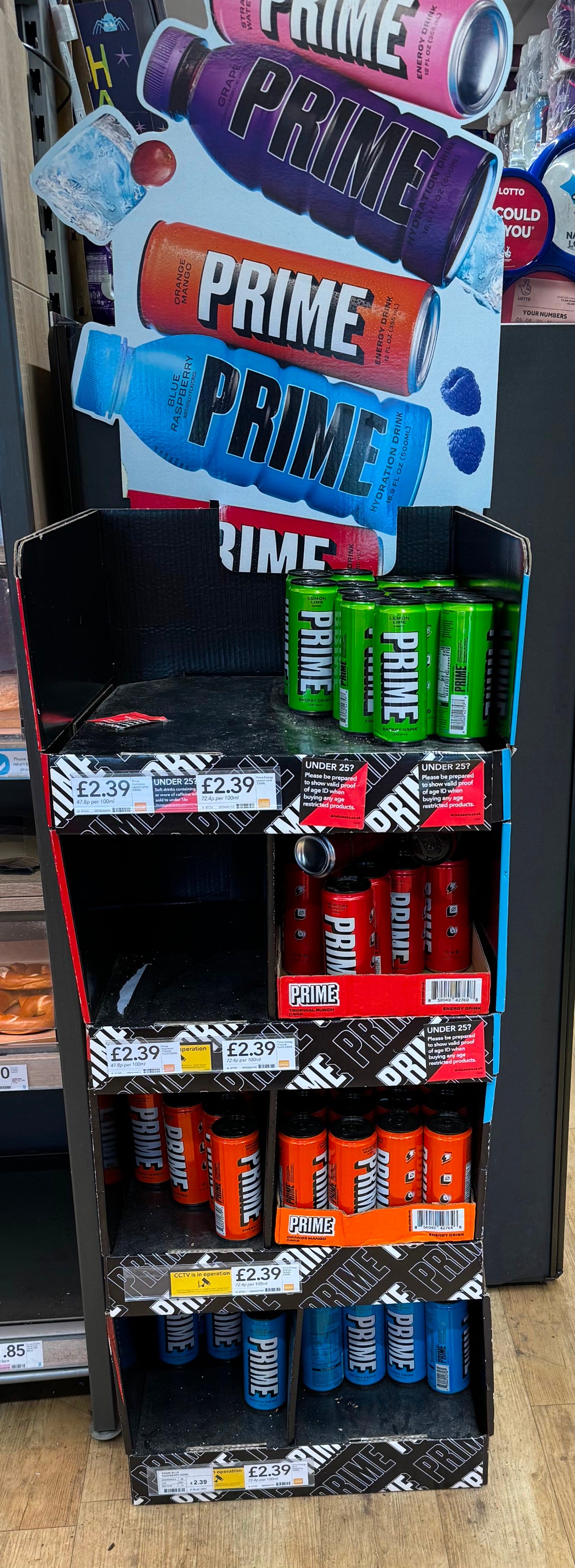 Picture of a PRIME promotional display within a Co-op (2023, Internet Talk)